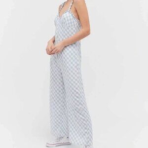 Urban Outfitters Sky Blue Ivory Gingham Print Elastic Spaghetti Strap Jumpsuit